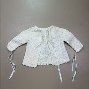 Handmade Baby Cardigan Sweater Ivory Crochet Knit 0-3 Months Vintage Style